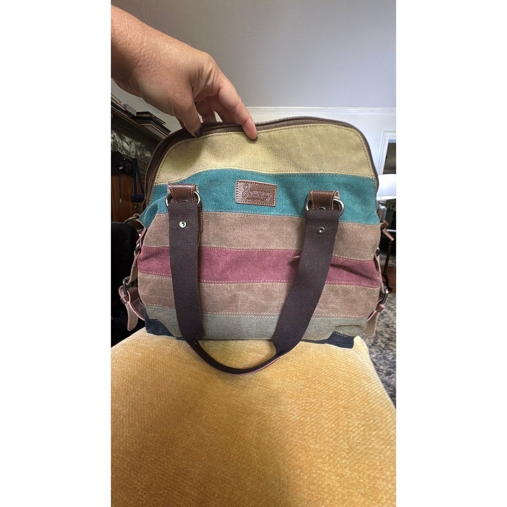 Journeys Canvas Satchel Bag Multi Color Striped Boho Tote Handbag Brown Teal